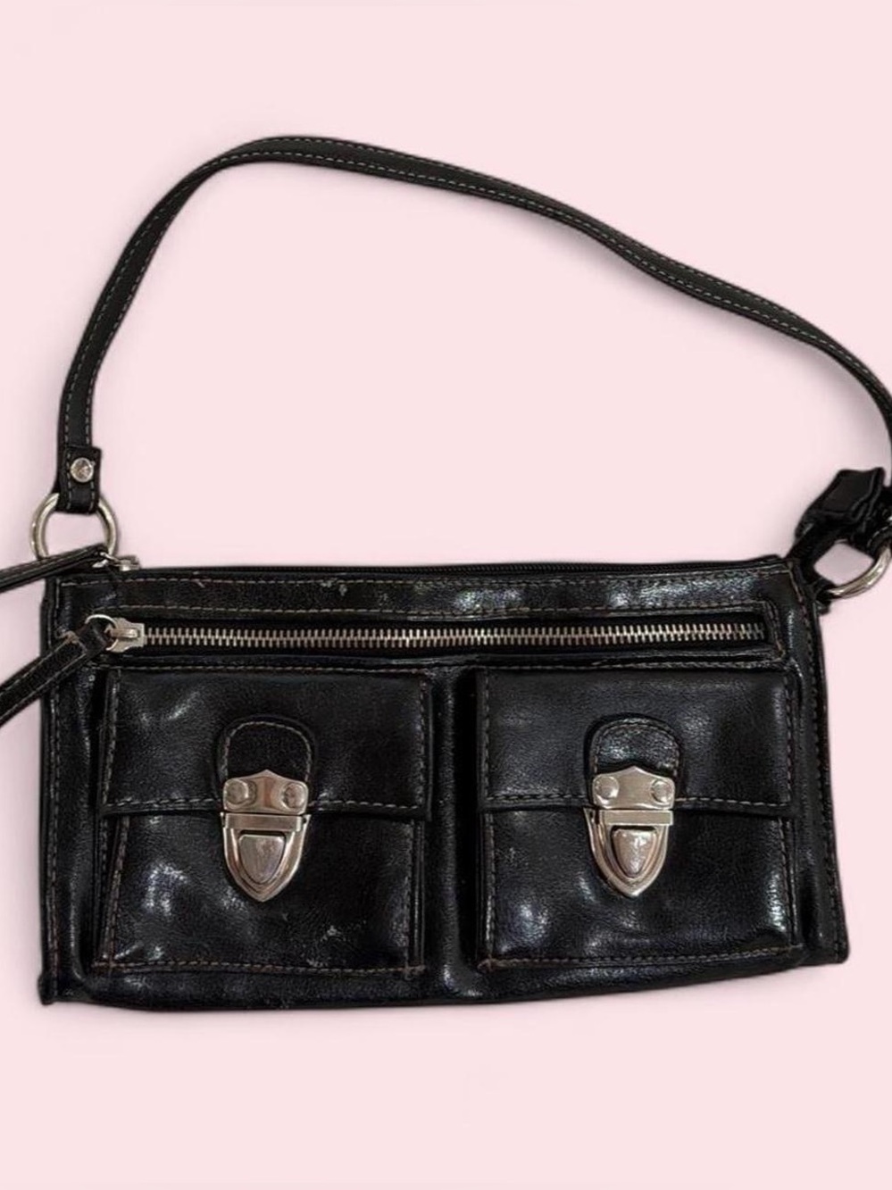 Black Faux Leather Shoulder Bag with Dual Front Pockets